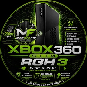 May include: Black Xbox 360 Slim RGH3 console with green detailing. The image features text including "ModAndFix" and "Custom Builds Available!" with options for LED lighting and custom shells. The console has a 250GB HDD.