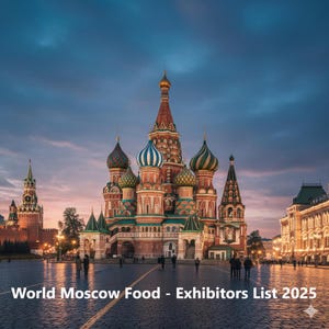 May include: A dusk shot of St Basil's Cathedral in Moscow, Russia, with its colourful onion domes. The image includes the text "World Moscow Food - Exhibitors List 2025" at the bottom, set against a twilight sky.