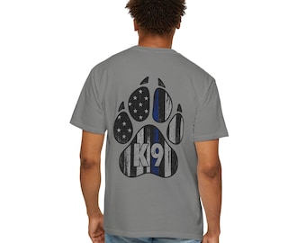 Police K9 Thin Blue Line Paw Print Comfort Colors TShirt Back Graphic with K9 Front Flag Law Enforcement Dog Handler Shirt