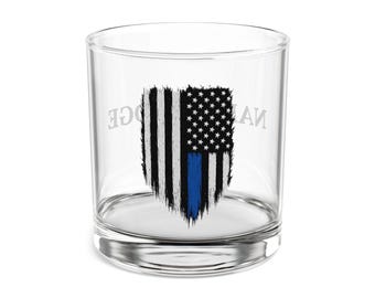 Personalized Thin Blue Line Police Flag Rocks Glass | Custom Name & Badge Number | Law Enforcement Gift | Officer Appreciation