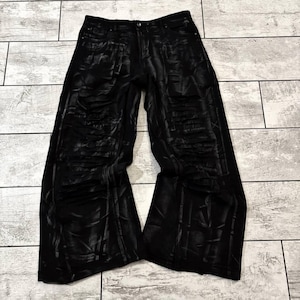Custom Black Flared Disstrested Jeans – Handmade Wide Leg Distressed Goth Grunge Y2K Streetwear Pants