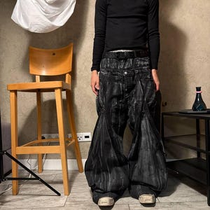 Ręcznie robione czarne spodnie baggy z zamkiem – punk gotycki rock alt Y2K Cyber Cross Star Tribal Fantasy Art, podwójny pasek