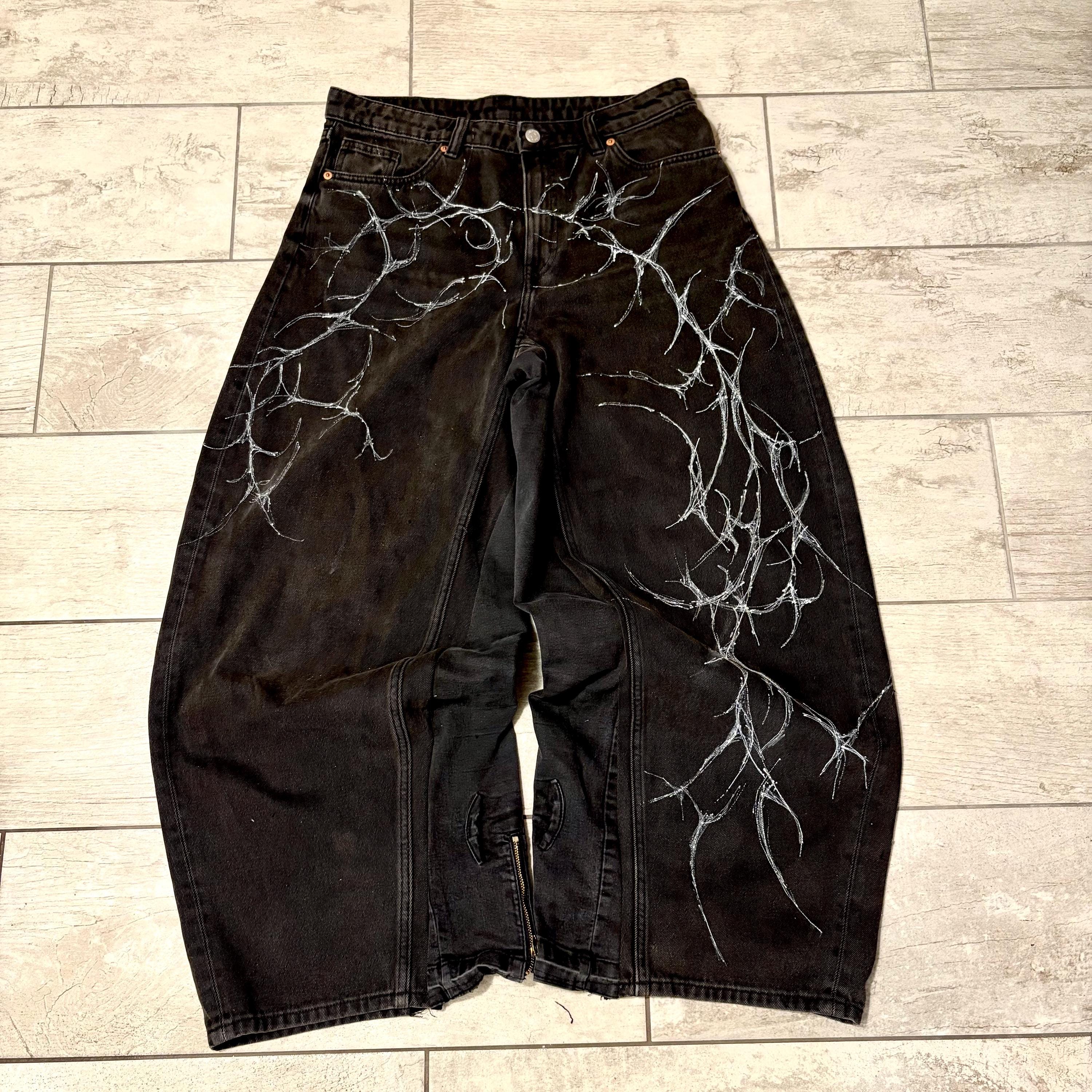 パンツ archive swagger sarrouel black jeans y2k Handmade Cyber Sigilism Print Baggy Pants: Y2K Grunge
