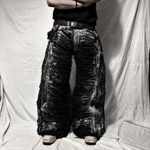 Handmade Extreme Distressed Wide-Leg Jeans – Avant-Garde Punk Goth Grunge Streetwear Pants