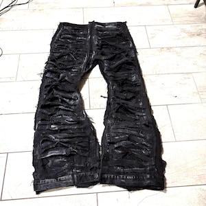 Handmade Distressed Black Baggy Jeans – Full Hem Rips Punk Grunge Streetwear Distressed Pants