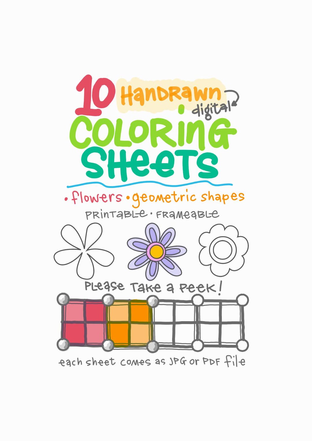 Hand Drawn Coloring Pages Bundle: Flowers, Geometric Shapes (PDF & JPG ...