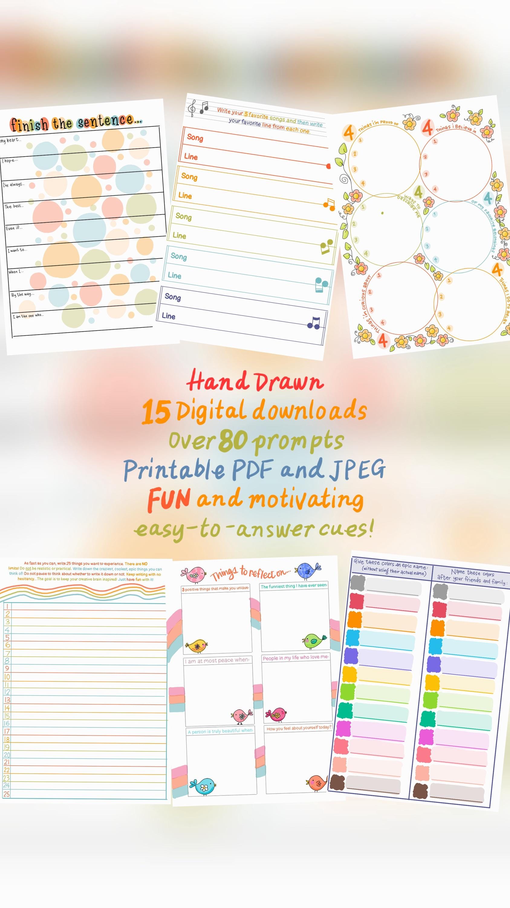 Colorful Hand-drawn Journal Prompts: Creative Writing Cues (PDF, JPEG ...