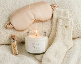 Spa Gift Box, Sage Lavender Candle, Satin Sleep Mask, Cozy Socks