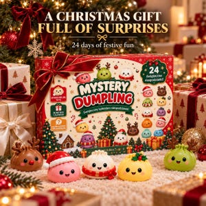 May include: A red rectangular Mystery Dumpling advent calendar box featuring cartoon dumpling characters, a large red bow, and the text A CHRISTMAS GIFT FULL OF SURPRISES 24 days of festive fun. Five small dumpling figurines sit in front.