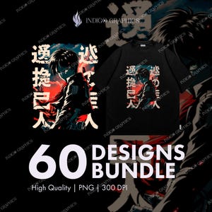 60 Attack on Titan Anime T-Shirt Designs Bundle | HighQuality PNG Files | PrintReady Graphics for Black & White and Colored Tees | POD Ready