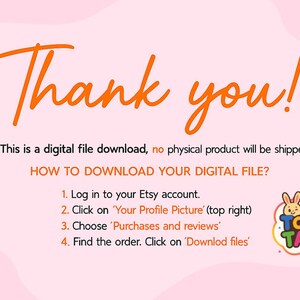 May include: A pink graphic with orange script that says "Thank you!". Instructions on how to download a digital file are listed below the text. A logo for Totu Tayo is in the bottom right corner.