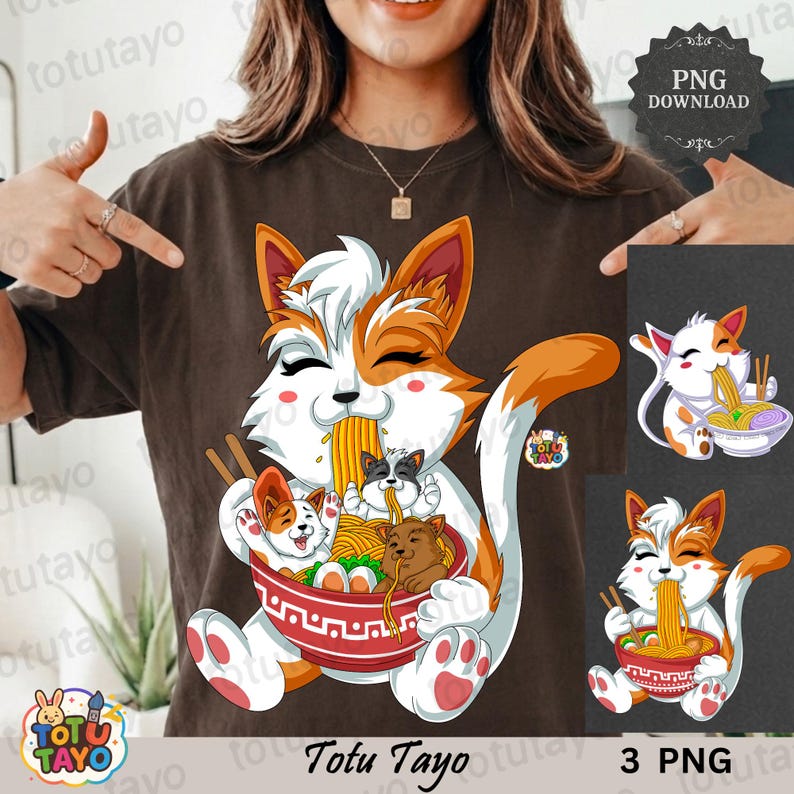 Cat Ramen PNG | Cute Kawaii Noodle Cat Shirt Design, Funny Japanese ...