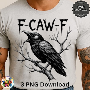 Könnte beinhalten: Hellgraues T-Shirt mit einer schwarzen Rabenillustration auf einem Ast und dem Text "F-CAW-F" darüber. Der Rabe ist mit offenem Schnabel dargestellt, und das Shirt enthält auch den Text "3 PNG Download".