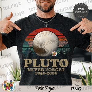 May include: Dark gray t-shirt featuring a graphic of Pluto within a retro sunset design. The text "PLUTO NEVER FORGET 1930-2006" is printed below the planet. A vintage-style tee for space enthusiasts.