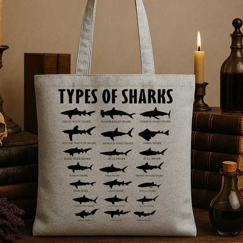 May include: A light gray tote bag with the text "TYPES OF SHARKS" above a grid of shark illustrations. The bag features various shark species, including Great White, Hammerhead, and Bull Sharks. The bag has two handles.
