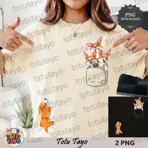 May include: Cream-colored t-shirt featuring a pocket design with three corgi puppies. A separate corgi illustration is also visible. The shirt has the text "Totu Tayo" at the bottom. Includes a "PNG DOWNLOAD" graphic.