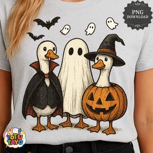 Halloween Goose Trio PNG, Funny Vampire Ghost Pumpkin Goose Shirt Design, Cute Spooky Goose Costume PNG Goose Halloween Sublimation Fall PNG