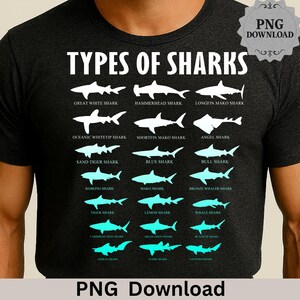 May include: Dark gray t-shirt featuring a detailed graphic of various shark species, including Great White, Hammerhead, and Tiger sharks. The shirt displays the text "TYPES OF SHARKS" in white, with each shark's name below its silhouette. The words "PNG Download" are also visible.
