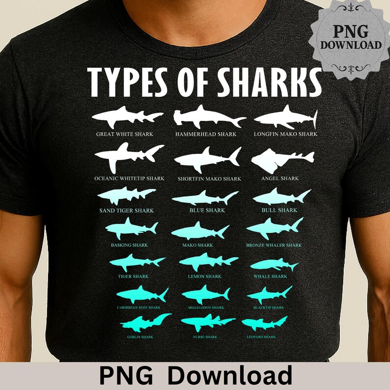 May include: Dark gray t-shirt featuring a detailed graphic of various shark species, including Great White, Hammerhead, and Tiger sharks. The shirt displays the text "TYPES OF SHARKS" in white, with each shark's name below its silhouette. The words "PNG Download" are also visible.