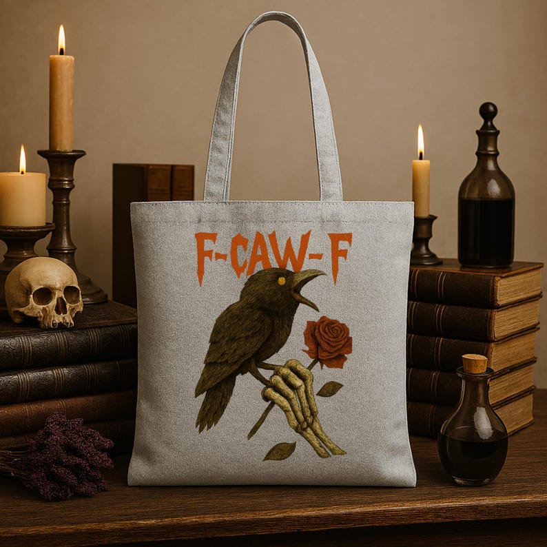 May include: A light gray tote bag featuring a crow perched on a branch, holding a red rose with a skeletal hand. The text "F-CAW-F" is printed above the crow in orange. The bag has two handles.