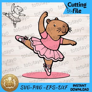May include: A digital illustration of a brown capybara wearing a pink tutu and ballet slippers, posed in a dance position. The design includes a smaller black and white line art version in the corner and the text Cutting file, SVG, PNG, EPS, DXF.