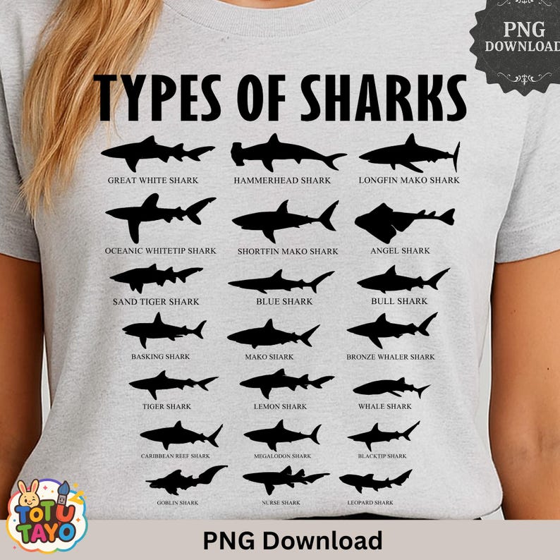 May include: A light gray t-shirt featuring the text "TYPES OF SHARKS" above silhouettes of various shark species, including Great White, Hammerhead, and Tiger sharks. The shirt has a PNG Download graphic.