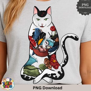 Tattoo Cat Eating Ramen PNG: Japanese Nautical Art (Digital Download)