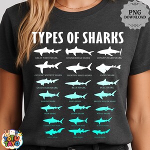 May include: Dark gray t-shirt featuring a detailed graphic of various shark species, including Great White, Hammerhead, and Tiger Sharks. The text "TYPES OF SHARKS" is displayed above the illustrations. A PNG download logo is in the upper right corner.