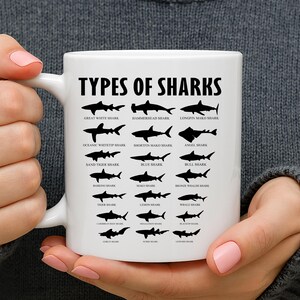 May include: White ceramic mug featuring the text "TYPES OF SHARKS" above illustrations of various shark species, including Great White, Hammerhead, and Tiger Sharks. The mug is held by a person.