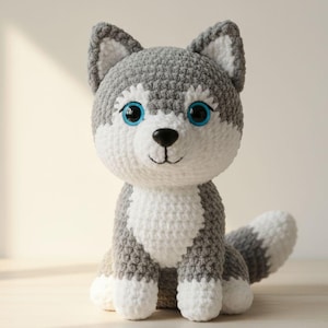 ハスキーの子犬の編みぐるみ編み図：DIYぬいぐるみ犬おもちゃ（PDFダウンロード）