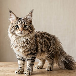 Pode incluir: Um gato Maine Coon com uma pelagem espessa, tigrada, castanha e preta. O gato tem orelhas proeminentes com tufos e uma cauda longa e espessa. Está em pé sobre uma superfície de madeira, olhando para a câmera. A pelagem do gato é longa e fofa.