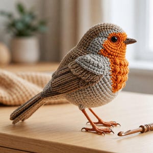 Könnte beinhalten: Ein handgehäkelter Vogel mit leuchtend orangefarbener Brust, grauen Flügeln und einem braunen Kopf. Der Vogel sitzt auf einer Holzoberfläche und zeigt detaillierte Stichmuster. Ein Häkelhaken liegt daneben. Der Vogel ist etwa 15 cm lang.