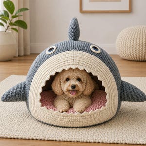 Peut inclure: Un lit pour animaux de compagnie en forme de requin, bleu clair et crème, avec un chien à l'intérieur. Le lit est en tricot et présente un intérieur rose. Le requin a un aileron dorsal, des nageoires latérales et des détails d'yeux.