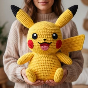 Puede incluir: Un peluche de Pikachu amarillo hecho a mano con ganchillo, con orejas con puntas negras, círculos rojos en las mejillas y una lengua rosa. El peluche tiene una cara sonriente y lo sostiene una persona que lleva un suéter beige. El juguete es un personaje popular de la franquicia Pokemon.