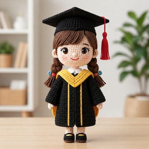 May include: A crocheted doll dressed in a graduation gown and cap. The doll has brown hair in pigtails, a black cap with a red tassel, and a black gown with yellow trim. The doll is wearing black shoes.