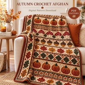 Puede incluir: Una manta de ganchillo con un patrón de temática otoñal que presenta filas repetidas de calabazas, setas, bellotas y hojas de otoño en tonos naranja, marrón, crema y verde. El texto dice AUTUMN CROCHET AFGHAN y Digital Pattern Download.