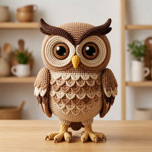May include: A crocheted owl in various shades of brown and cream. The owl has large eyes, a yellow beak, and detailed feather patterns. It is standing on a wooden surface. The owl is a decorative item.