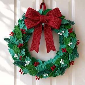 Häkelanleitung für einen Weihnachtskranz (PDF) – Festlicher Türkranz mit roter Schleife (DIY-Anleitung)