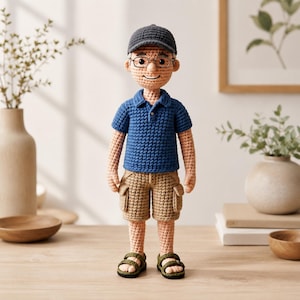 May include: A crocheted doll featuring a person with light skin, wearing a dark gray baseball cap, black-rimmed glasses, a blue polo shirt, tan cargo shorts with side pockets, and olive green sandals. The doll has a simple stitched smile.