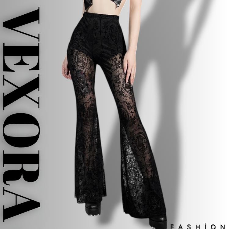 【FACCIES】18G.LACE MESH PANTS RoseSeek Women's Floral Lace Sheer Mesh Flare Pants Elastic