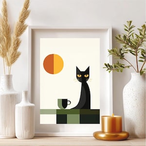 Bauhaus-Kaffee-Poster, Moderne Katzenwandkunst, minimalistischer Espresso-Druck, geometrisches Retro-Küchendekor für Café oder Esszimmer