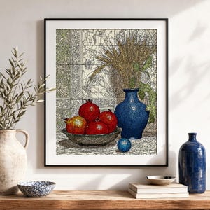 Persian Still Life Print: Pomegranate, Wheat & Mosaic Tile Art (Digital Download)