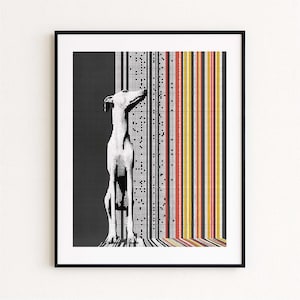 May include: Framed art print featuring a stylized black and white illustration of a dog. The artwork has a geometric design with vertical stripes in red, yellow, and orange. The dog is positioned on the left side of the print.