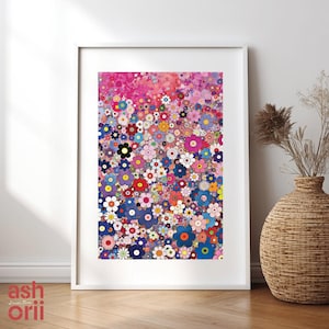 Retro Murakami-Inspired Flower Poster Digital Art Print | Kawaii Pop Art Floral Wall Decor | Colorful Abstract Bloom Downloadable Artwork