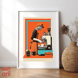 Retro Coffee Bar Art Print Digital Download | Minimalist Espresso Machine Barista Poster for Coffee Lovers | Vintage-Inspired Cafe Decor
