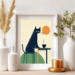 Mid Century moderne Bauhaus Katze Kaffee digitale Küche Druck Poster, minimalistische geometrische KaffeKat Kunstwerk für Café