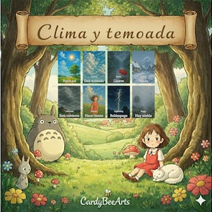 以下が含まれることがあります： 森の中にいる赤いドレスの少女と白い猫の気まぐれなイラスト。画像には天気アイコンとテキスト「Clima y temoada」が含まれています。 大きな灰色の毛むくじゃらの生き物と小さなウサギもいます。
