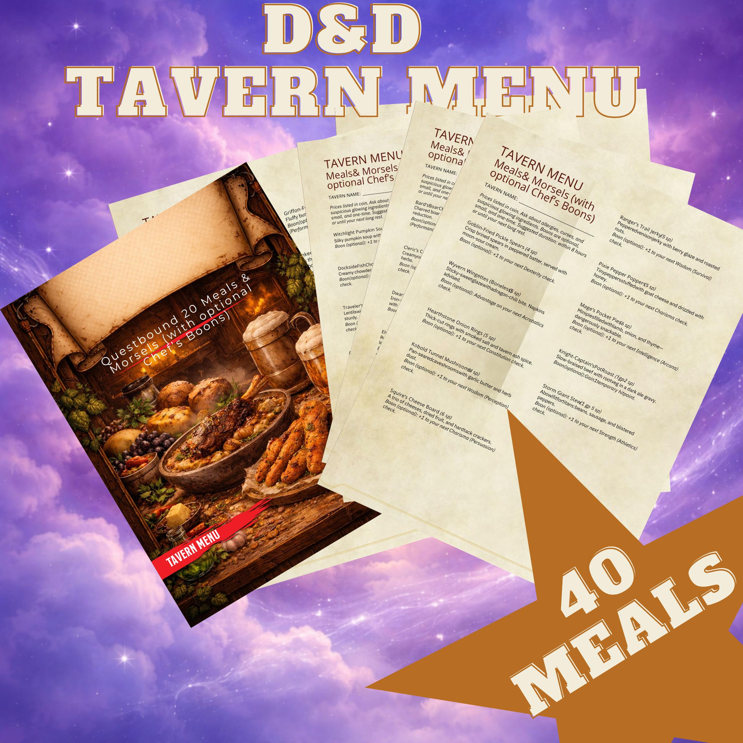 Dnd Tavern Food Menu Printable PDF, Fantasy Inn Meal Handout for ...