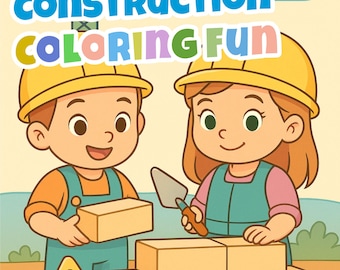 Może przedstawiać: Ilustracja dwóch dzieci w żółtych kaskach budowlanych i kombinezonach, budujących ceglany mur. Tekst "CONSTRUCTION COLORING FUN" jest wyświetlany nad dziećmi w niebieskich, żółtych, zielonych i fioletowych literach.