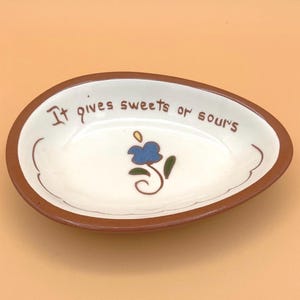 Vintage PA Dutch Motto Ware Candy or Pickle Dish, redware, signed Ruth Price, ca. 1950s